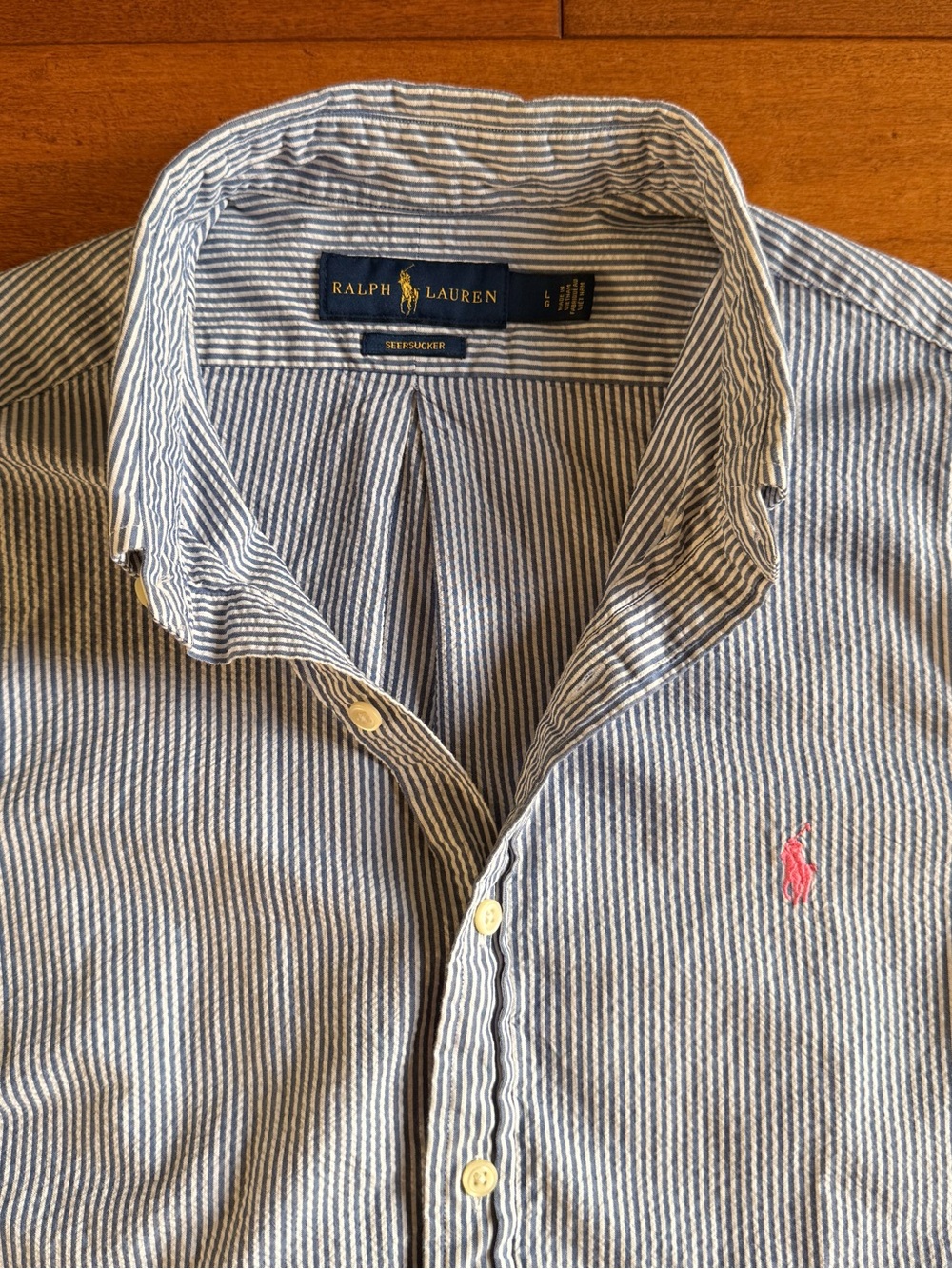 Ralph Lauren Seersucker Blue White Stripe SS Button-Down Pink Horse Shirt - L - Picture 4 of 11